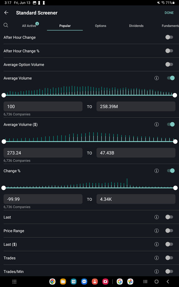 The Standard Screener Additional Parameters on the Android Tablet